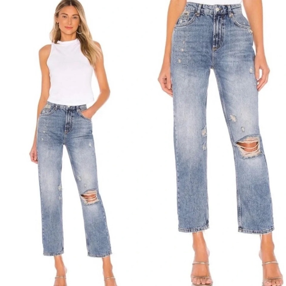 We The Free Dakota Medium Wash High-Rise Straight-Leg Distressed Jeans Sz 31